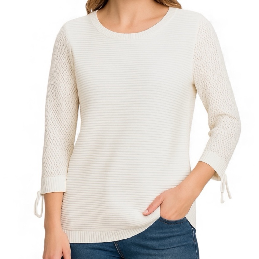 NWT Calvin Klein Ivory Open Knit 3/4 Tie Sleeve Sweater Size XL 100% Cotton